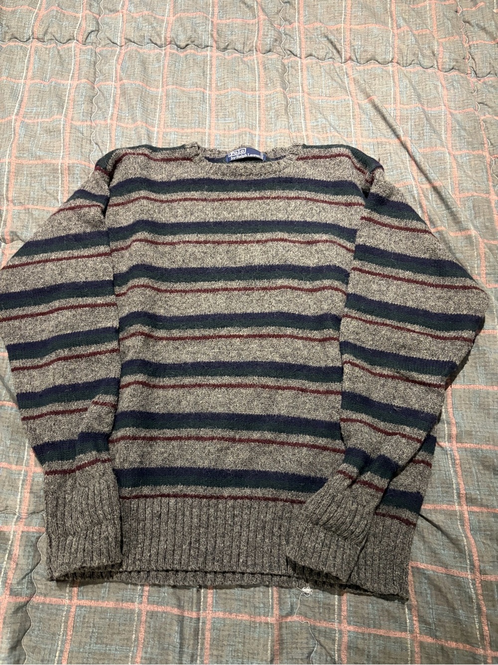 Polo Ralph Lauren Gray Striped Crewneck 100% Wool Sweater with Navy & Burgundy